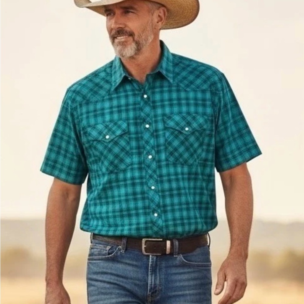 Wrangler Western Shirt Mens M Green Blue Plaid Pearl Snap Short Sleeve